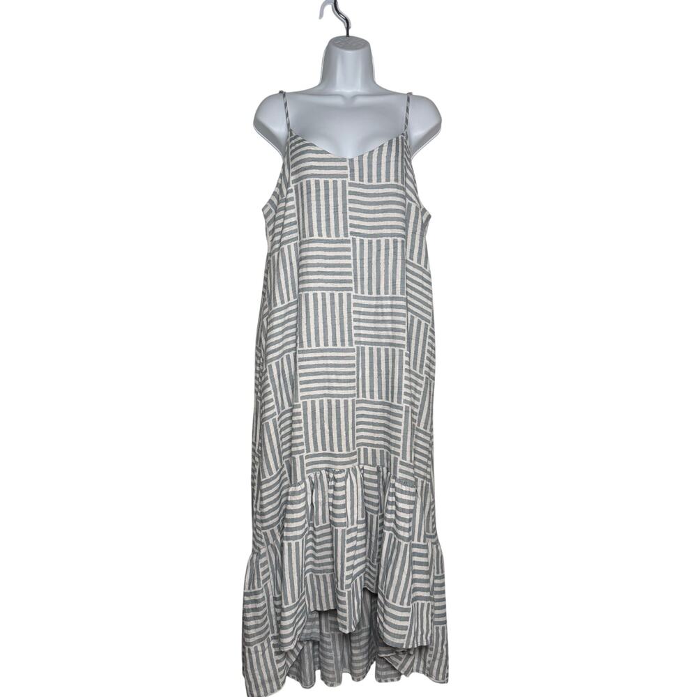 Lucca Blue White Ruffle Maxi Dress Spaghetti Straps Size LARGE Lined Pockets